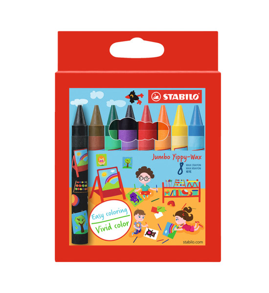 Crayones de Cera, Yippy Wax Jumbo, Cuerpo Circular, 10 mm, en Caja Cartón x 8 Unds. 8 Colores Surtidos.